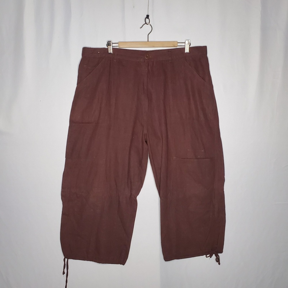 Trust USA Brown Linen Blend Cargo Pocket Crop Wide Leg Pants W42 Y2K Vintage